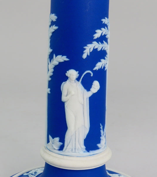 Wedgwood Jasperware Blue Pair Candlesticks Classical Greek Figures 7 1/4"