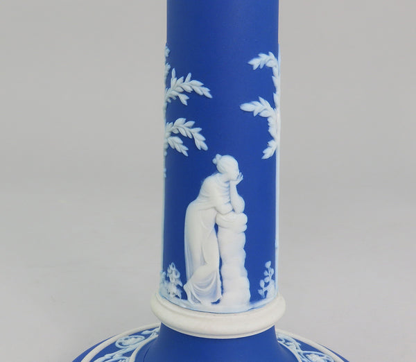 Wedgwood Jasperware Blue Pair Candlesticks Classical Greek Figures 7 1/4"