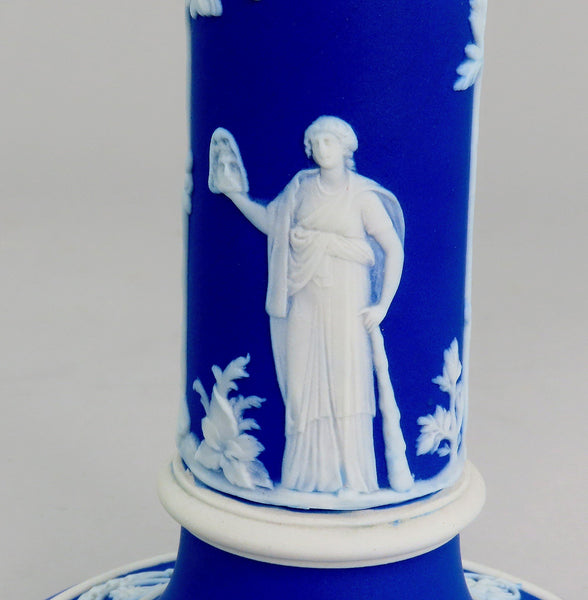 Wedgwood Jasperware Blue Pair Candlesticks Classical Greek Figures 7 1/4"