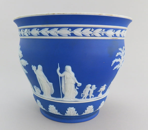 Gorgeous Wedgwood Jasperware Blue Round Planter Classical Greek Scenes 7" Across