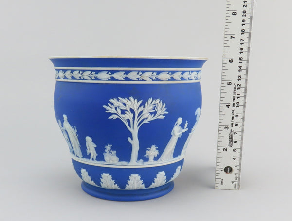 Gorgeous Wedgwood Jasperware Blue Round Planter Classical Greek Scenes 7" Across