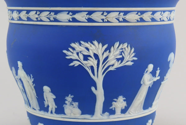 Gorgeous Wedgwood Jasperware Blue Round Planter Classical Greek Scenes 7" Across