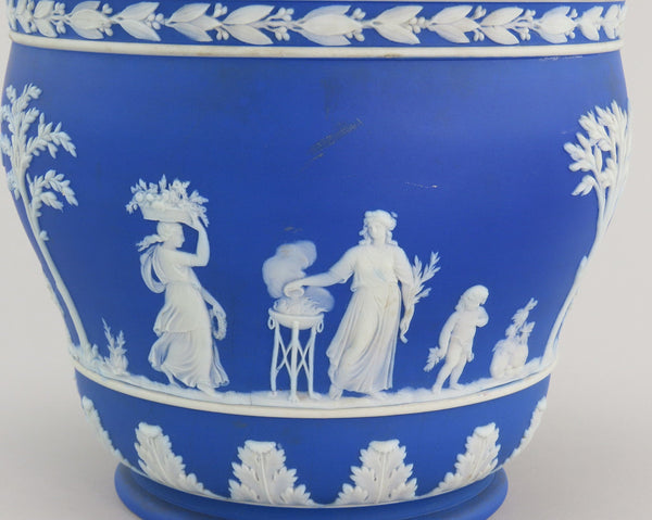 Gorgeous Wedgwood Jasperware Blue Round Planter Classical Greek Scenes 7" Across