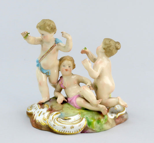 Superb 19th C. Meissen Hand Painted Figural Group of 3 Cherubs Putti Spring