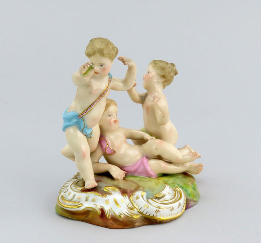Superb 19th C. Meissen Hand Painted Figural Group of 3 Cherubs Putti Spring