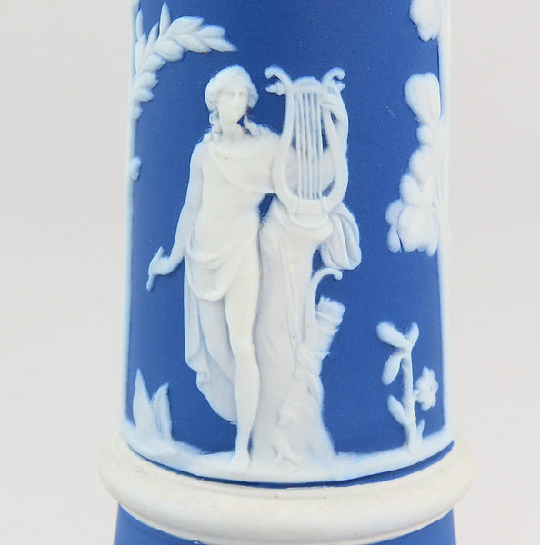 Lovely Pair Wedgwood Jasperware Blue Candlesticks Classical Greek Figures 7 1/4"