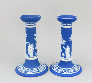 Lovely Pair Wedgwood Jasperware Blue Candlesticks Classical Greek Figures 7 1/4"