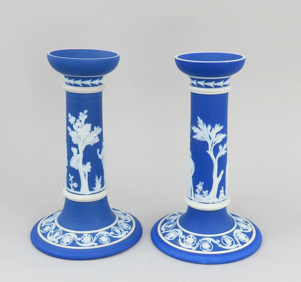 Lovely Pair Wedgwood Jasperware Blue Candlesticks Classical Greek Figures 7 1/4"