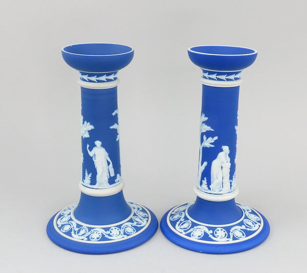 Lovely Pair Wedgwood Jasperware Blue Candlesticks Classical Greek Figures 7 1/4"