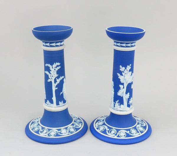 Lovely Pair Wedgwood Jasperware Blue Candlesticks Classical Greek Figures 7 1/4"