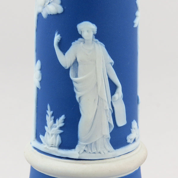 Lovely Pair Wedgwood Jasperware Blue Candlesticks Classical Greek Figures 7 1/4"