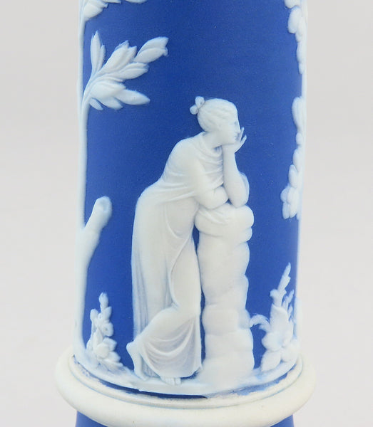 Lovely Pair Wedgwood Jasperware Blue Candlesticks Classical Greek Figures 7 1/4"