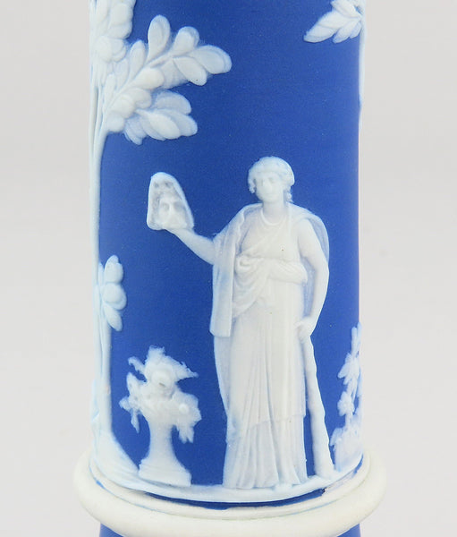 Lovely Pair Wedgwood Jasperware Blue Candlesticks Classical Greek Figures 7 1/4"