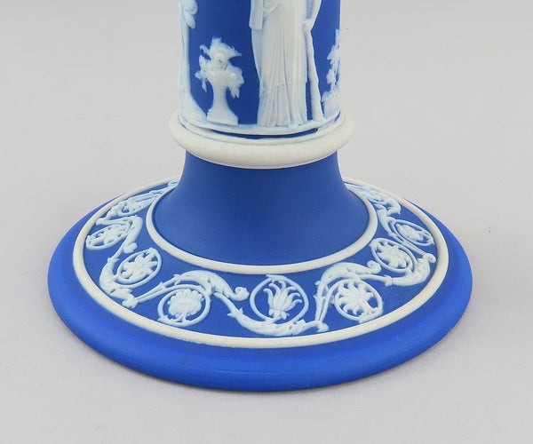 Lovely Pair Wedgwood Jasperware Blue Candlesticks Classical Greek Figures 7 1/4"