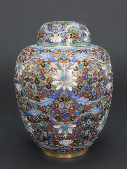 Lovely c1970s Chinese Cloisonné Tea Caddy Blue Scrolls Flowers 6 Inches Tall