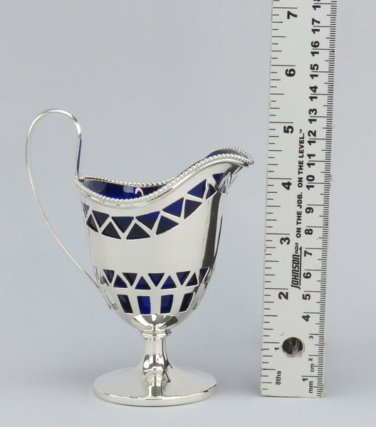 c1900 Nevius Co Sterling Silver Helmet Form Creamer w Fitted Cobalt Glass Liner