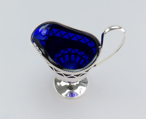 c1900 Nevius Co Sterling Silver Helmet Form Creamer w Fitted Cobalt Glass Liner