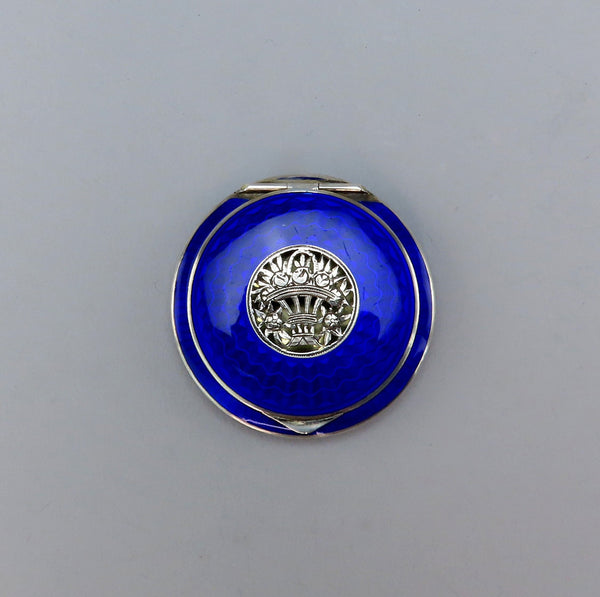 Gorgeous VTG Austrian 935 Sterling Silver Blue Guilloche Enamel Compact Box