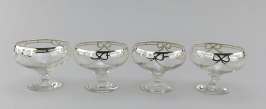 4 Beautiful Glass Sherbet Glasses w/ Sterling Silver Overlay Bows and Garland