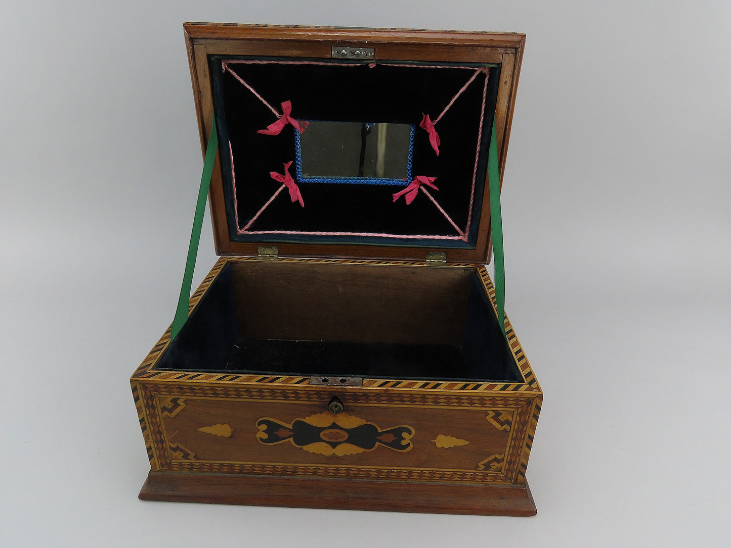 c1860s Rare Marquetry Inlay Sailor's Box Ditty Box Sewing Box w Interior Tray