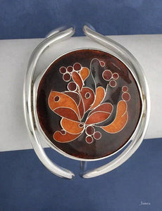 Stunning Sterling Silver Retro Cloisonne Enamel Cuff Bracelet signed "Dewey"