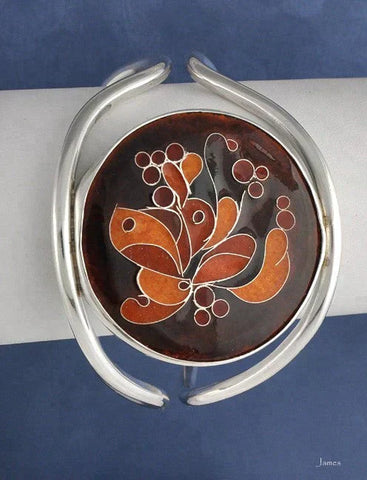 Stunning Sterling Silver Retro Cloisonne Enamel Cuff Bracelet signed "Dewey"