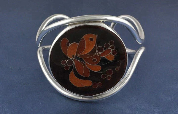 Stunning Sterling Silver Retro Cloisonne Enamel Cuff Bracelet signed "Dewey"