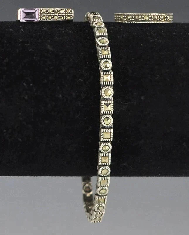Sterling Silver Marcasite Bracelet w/Amethyst Ring and Marcasite Eternity Band