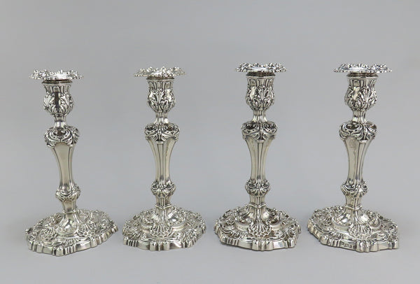 Ornate Set 4 1811-1819 English Georgian Sterling Silver Candlesticks