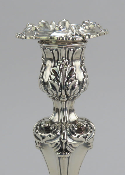 Ornate Set 4 1811-1819 English Georgian Sterling Silver Candlesticks