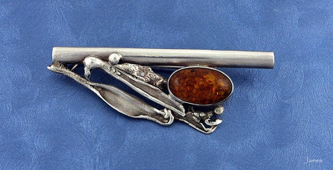 Modern Sterling Silver Polish Genuine Amber Pin Brooch