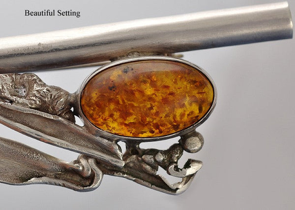 Modern Sterling Silver Polish Genuine Amber Pin Brooch