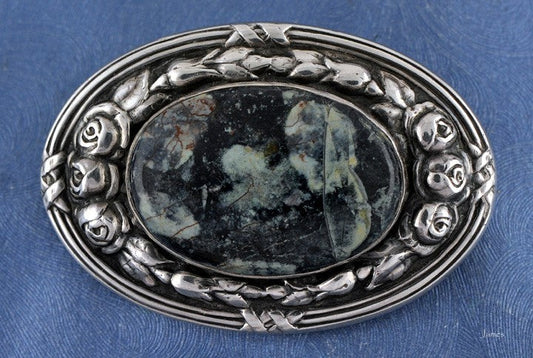Vintage European Black Jasper Agate Rose 800 Pure Silver Brooch Pin