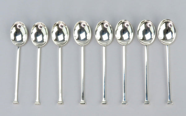 1957 Elegant Set 8 English Sterling Silver Demitasse Spoons No Mono w/ Box