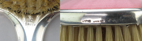 Lovely 4pc Pink Enamel Sterling Silver Vanity Dresser Set Mirror Comb Brushes