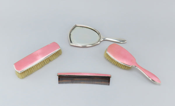 Lovely 4pc Pink Enamel Sterling Silver Vanity Dresser Set Mirror Comb Brushes