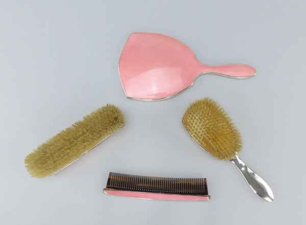 Lovely 4pc Pink Enamel Sterling Silver Vanity Dresser Set Mirror Comb Brushes