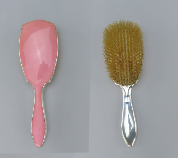 Lovely 4pc Pink Enamel Sterling Silver Vanity Dresser Set Mirror Comb Brushes