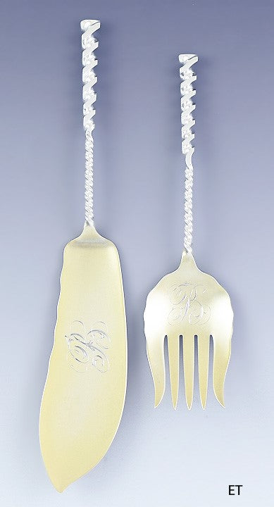 Fine Whiting Sterling Silver Square Twist Fish Fork Knife Serving Set B Mono