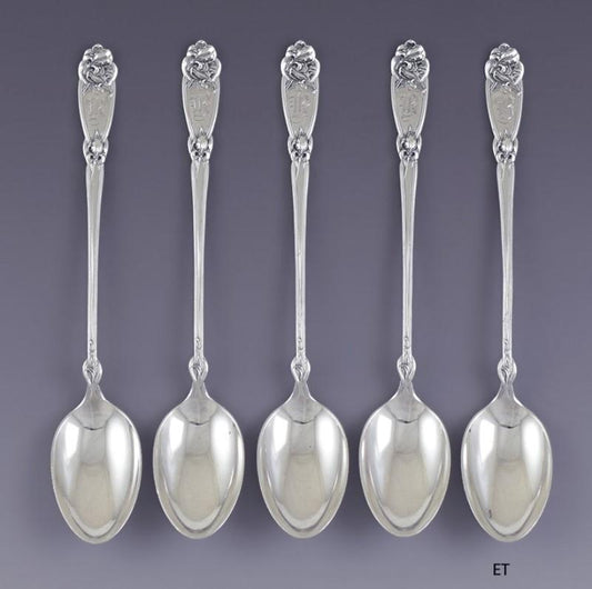 Rare 5 Alvin Sterling Silver Fleur de Lis Art Nouveau Iced Tea Spoons B Mono