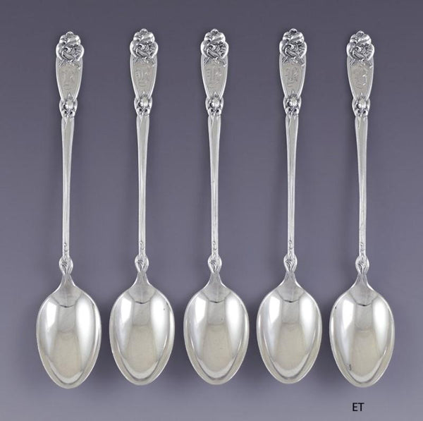 Rare 5 Alvin Sterling Silver Fleur de Lis Art Nouveau Iced Tea Spoons B Mono