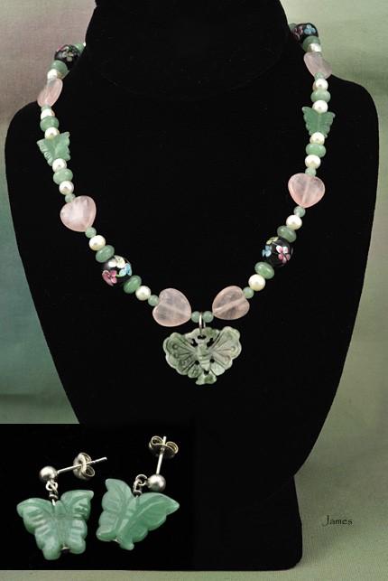 Rose Quartz Pearl Jade Butterfly Necklace Earrings Set