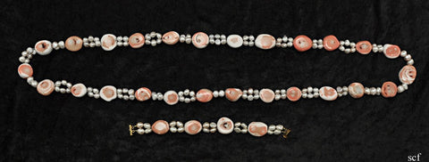 2 pc Set Coral Freshwater Pearl Necklace Bracelet Handmade Long Cross Cut