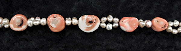 2 pc Set Coral Freshwater Pearl Necklace Bracelet Handmade Long Cross Cut