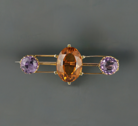 14K Gold American Victorian Citrine and Amethyst Pin