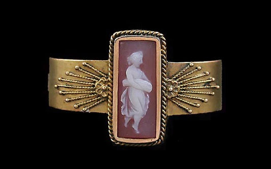 Victorian Etruscan Revival 14k Gold Classical Hardstone Cameo of a Woman Pin