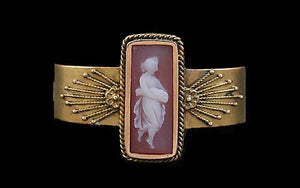 Victorian Etruscan Revival 14k Gold Classical Hardstone Cameo of a Woman Pin