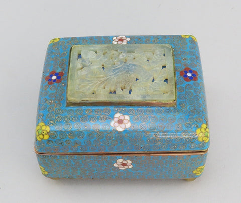 c1890 Chinese Cloisonné Box Blue w/ Flowers Carved Soapstone Top 3 1/2" Long