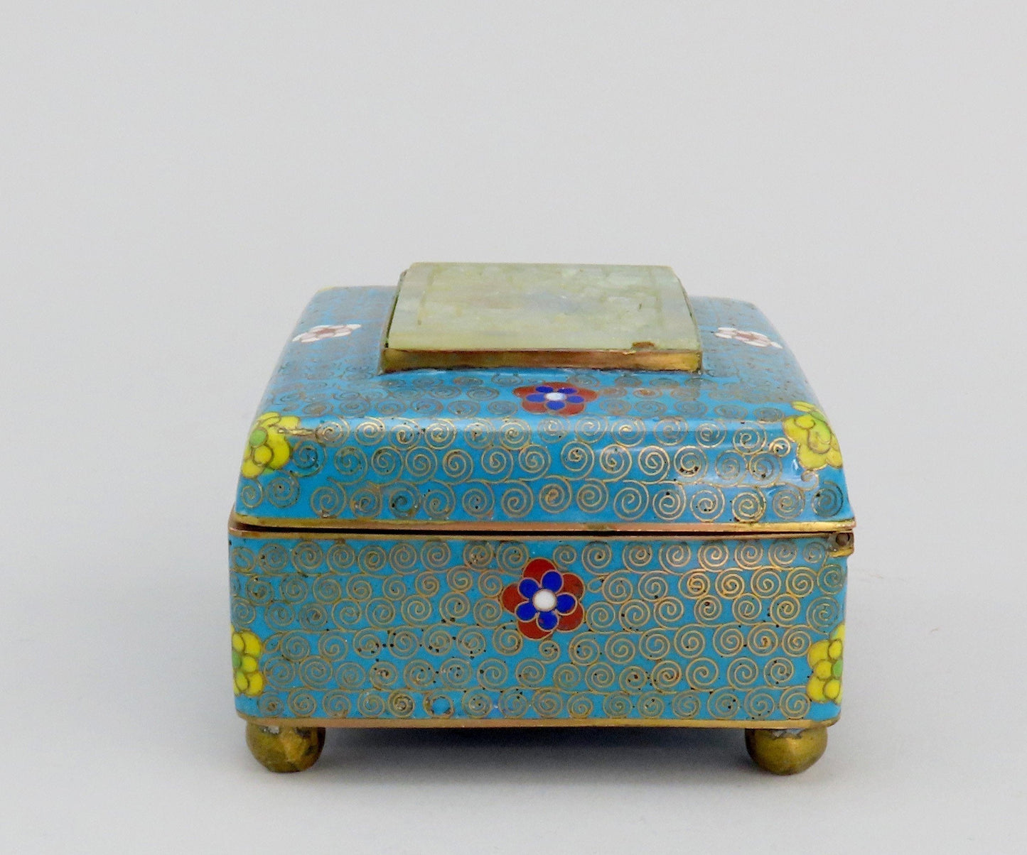 c1890 Chinese Cloisonné Box Blue w/ Flowers Carved Soapstone Top 3 1/2" Long