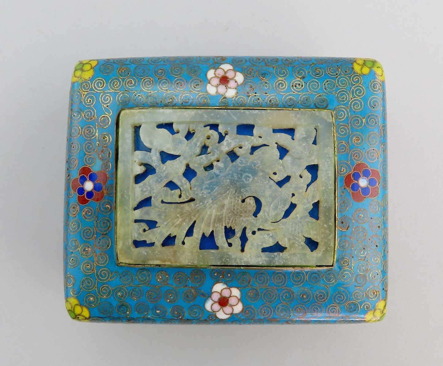 c1890 Chinese Cloisonné Box Blue w/ Flowers Carved Soapstone Top 3 1/2" Long